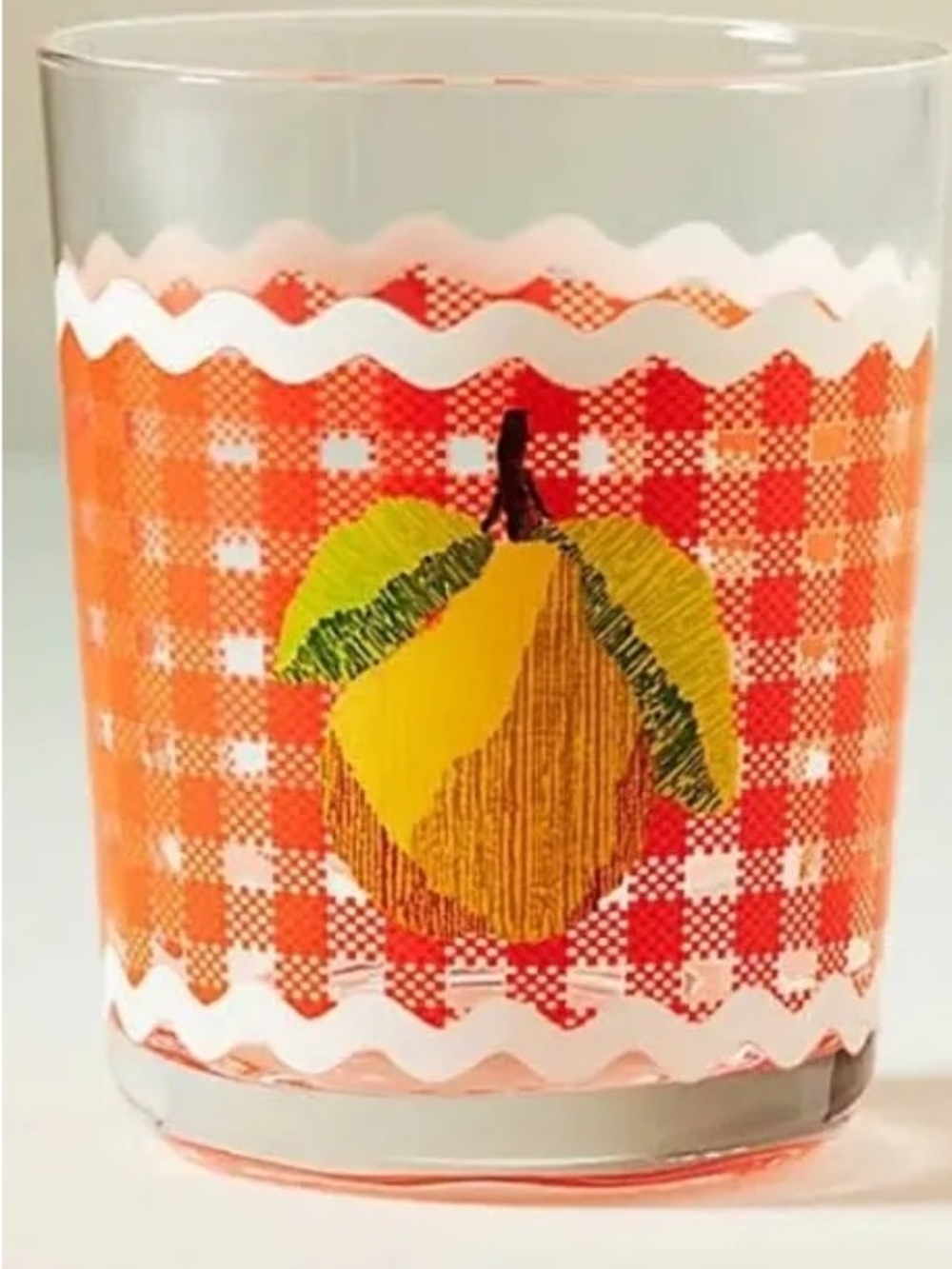 Anthro cup!!Vintage Fruit Glass Tumbler - Orange Gingham with Yellow Pear